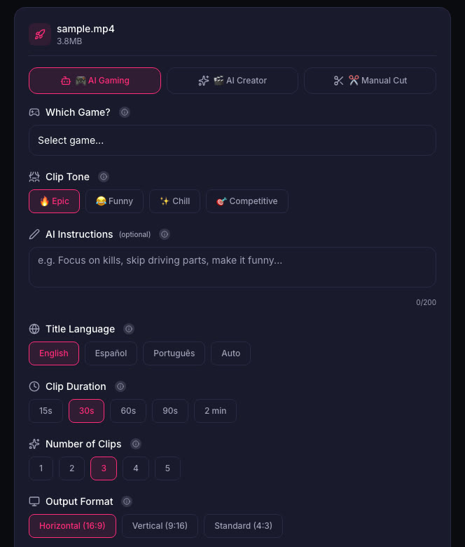 ViceForge AI Gaming settings: clip duration and number of clips
